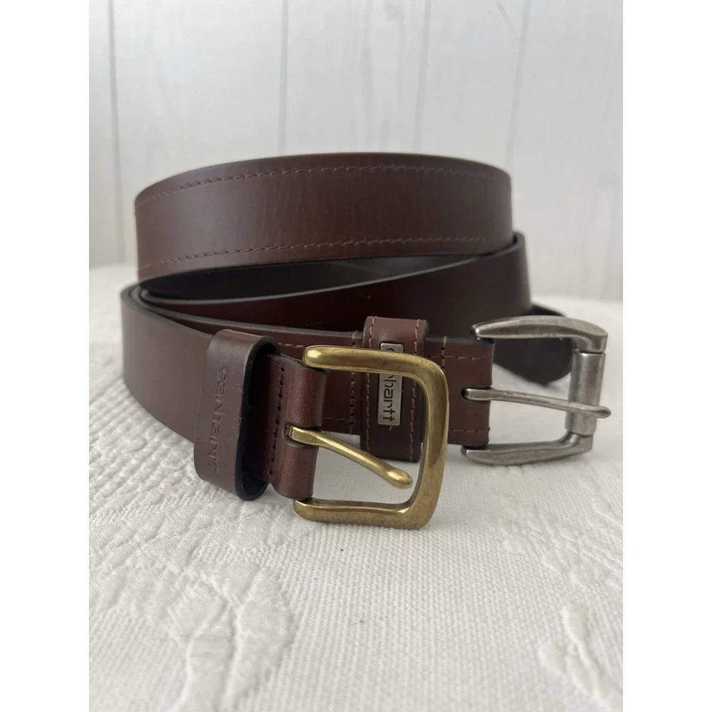 LOT of 2 Carhartt Mens Leather Belt Size 40 Brown Brass Brushed Nickel NICE